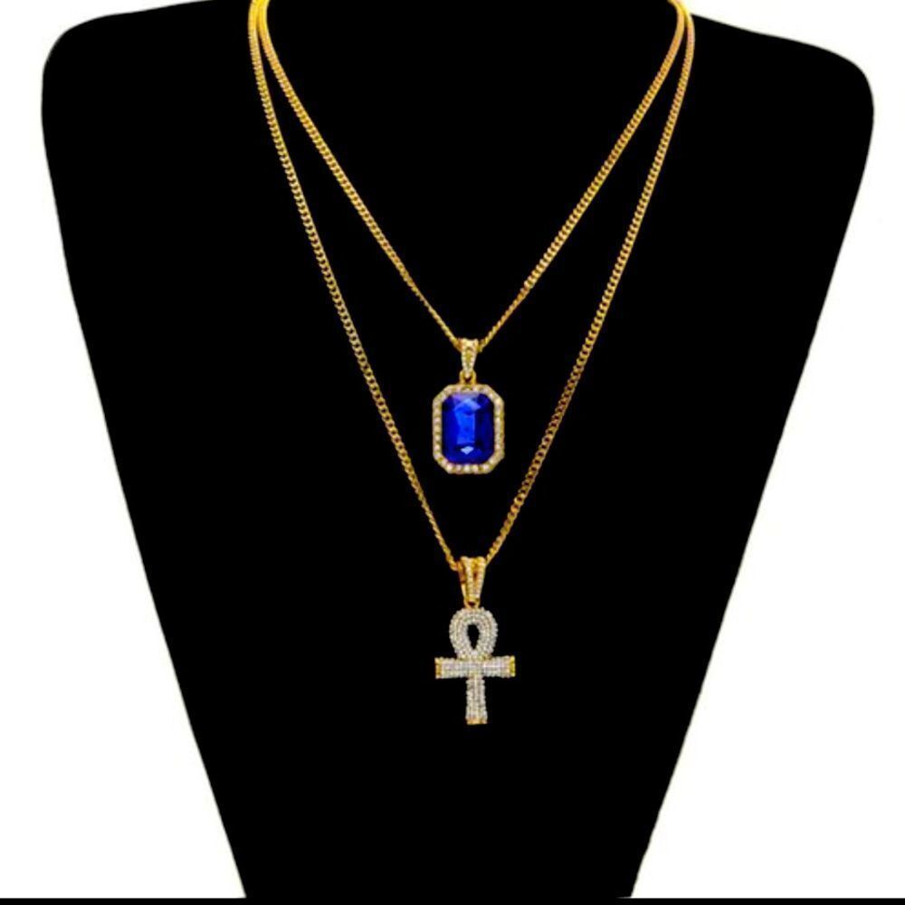 💝18k Gold 2 Necklaces Blue Sapphire Gemstone and Iced Out Gold Cross Pendant